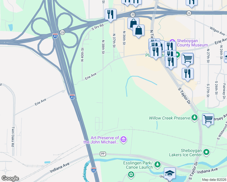 map of restaurants, bars, coffee shops, grocery stores, and more near 617 Greendale Road in Sheboygan