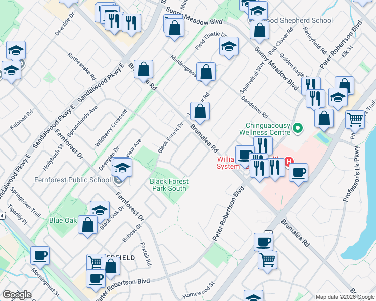 map of restaurants, bars, coffee shops, grocery stores, and more near 29 Needlewood Lane in Brampton