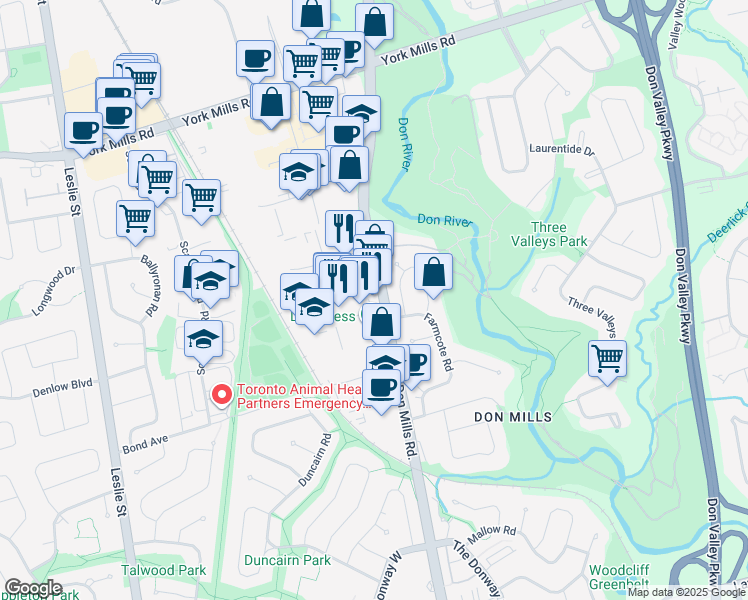 map of restaurants, bars, coffee shops, grocery stores, and more near 1390 Don Mills Road in Toronto
