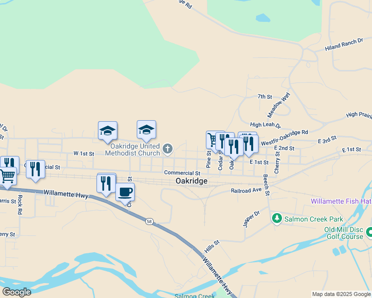 map of restaurants, bars, coffee shops, grocery stores, and more near 76501 Walnut Street in Oakridge