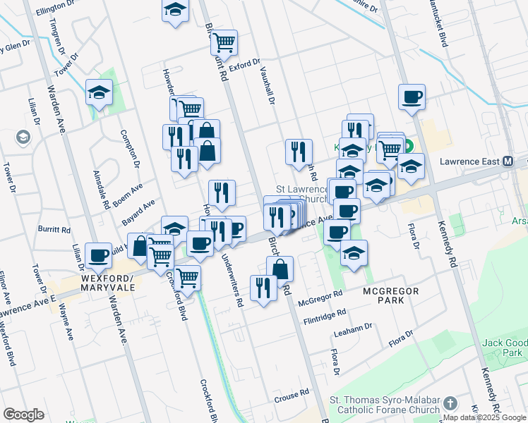 map of restaurants, bars, coffee shops, grocery stores, and more near 1340 Birchmount Road in Toronto
