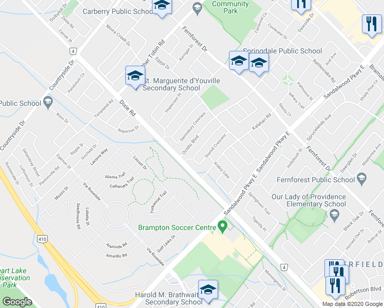 map of restaurants, bars, coffee shops, grocery stores, and more near 82 Starhill Crescent in Brampton