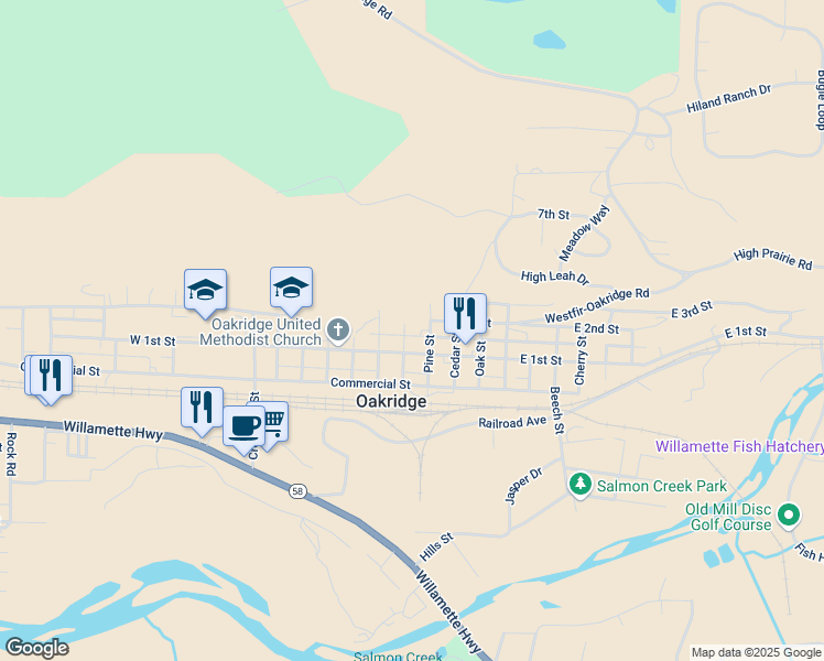 map of restaurants, bars, coffee shops, grocery stores, and more near 76501 Walnut Street in Oakridge