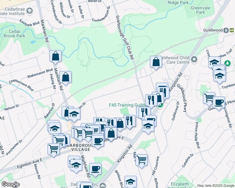 map of restaurants, bars, coffee shops, grocery stores, and more near 86 Dunelm Street in Toronto