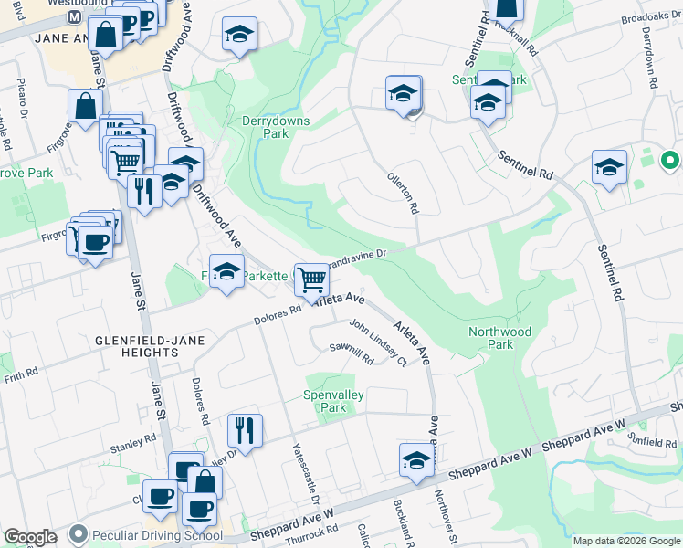 map of restaurants, bars, coffee shops, grocery stores, and more near 235 Grandravine Drive in Toronto