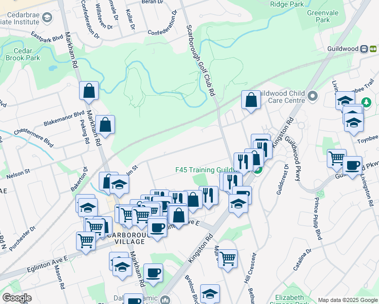 map of restaurants, bars, coffee shops, grocery stores, and more near 86 Dunelm Street in Toronto