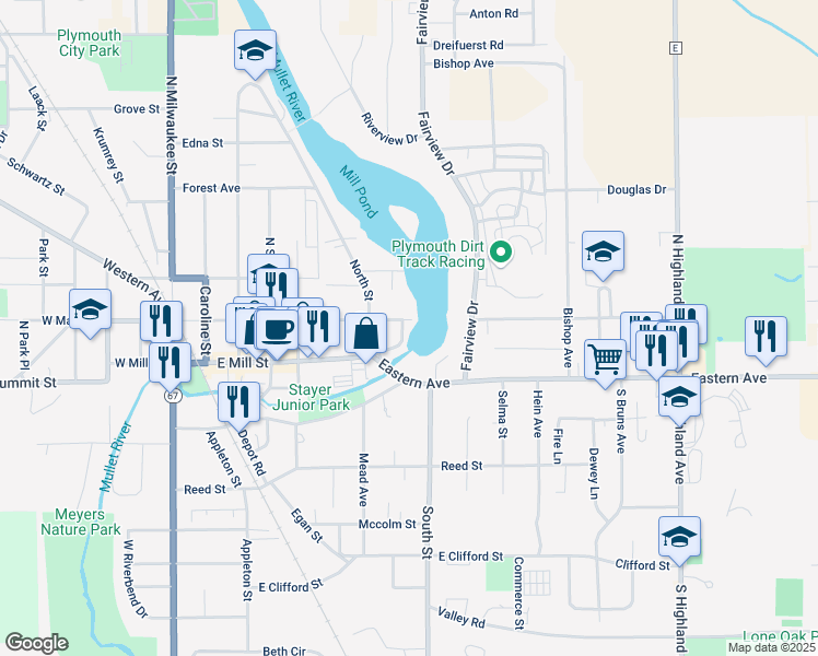 map of restaurants, bars, coffee shops, grocery stores, and more near 640 East Main Street in Plymouth