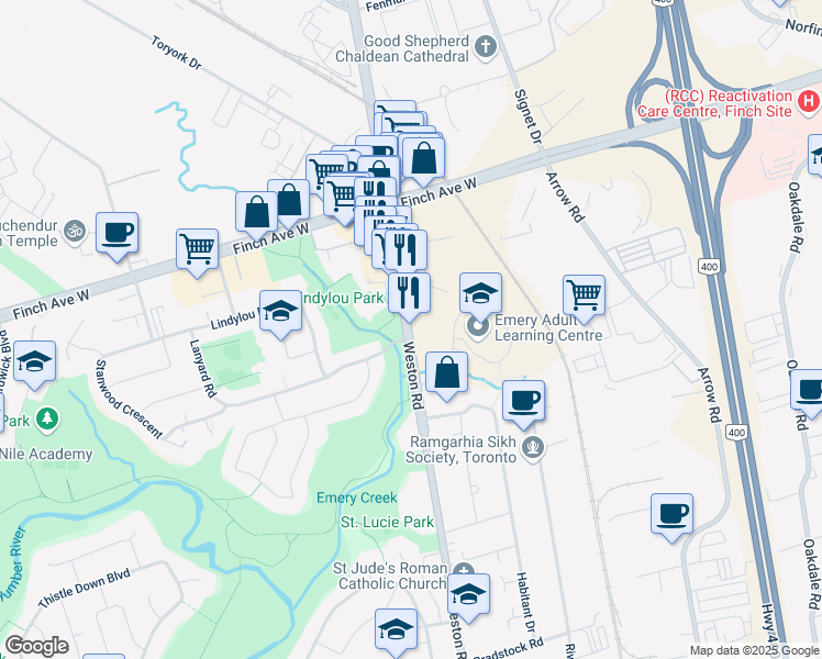 map of restaurants, bars, coffee shops, grocery stores, and more near 3415 Weston Road in Toronto