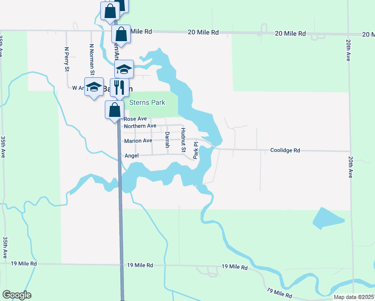 map of restaurants, bars, coffee shops, grocery stores, and more near 145 Hudnut Street in Barryton