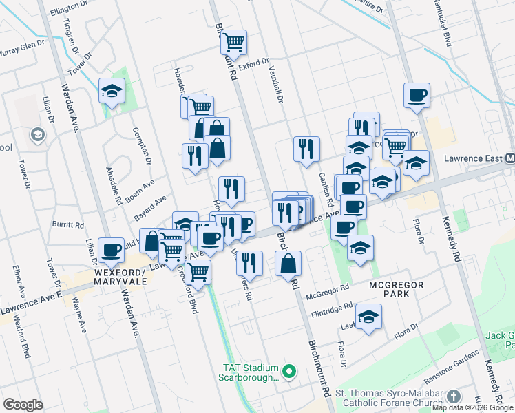 map of restaurants, bars, coffee shops, grocery stores, and more near 1328 Birchmount Road in Toronto