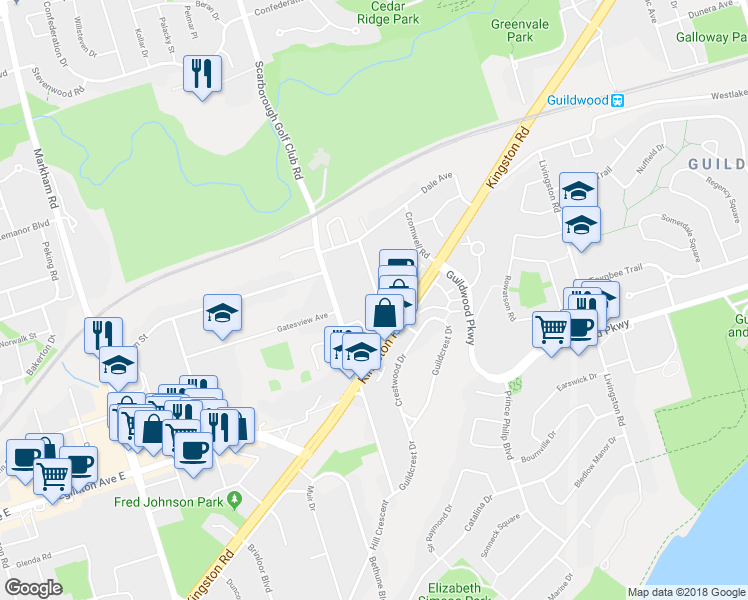 map of restaurants, bars, coffee shops, grocery stores, and more near 14 Saunders Road in Toronto