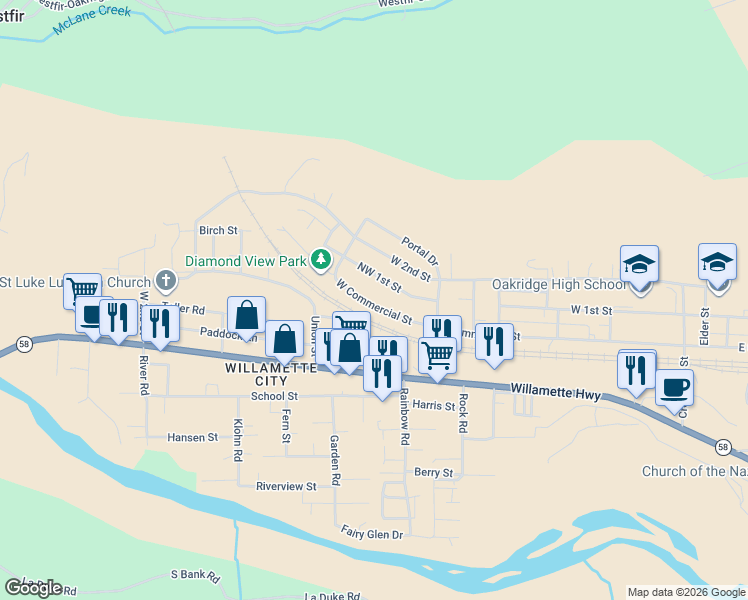 map of restaurants, bars, coffee shops, grocery stores, and more near 47711 Commercial Street in Oakridge