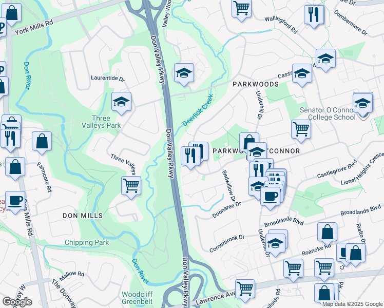 map of restaurants, bars, coffee shops, grocery stores, and more near 82 Cassandra Boulevard in Toronto