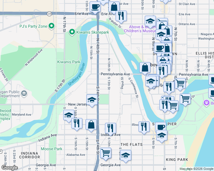 map of restaurants, bars, coffee shops, grocery stores, and more near 526 South 13th Street in Sheboygan