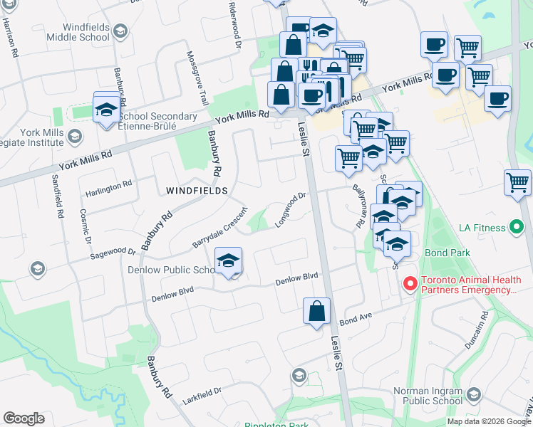 map of restaurants, bars, coffee shops, grocery stores, and more near 9 Alderdale Court in Toronto