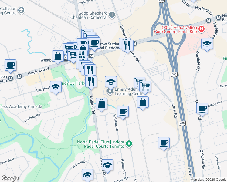 map of restaurants, bars, coffee shops, grocery stores, and more near 3395 Weston Road in Toronto
