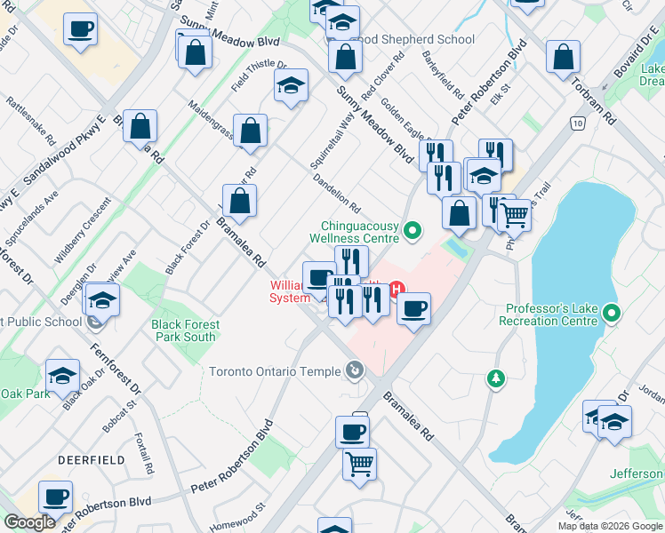 map of restaurants, bars, coffee shops, grocery stores, and more near 27 Velvet Grass Lane in Brampton