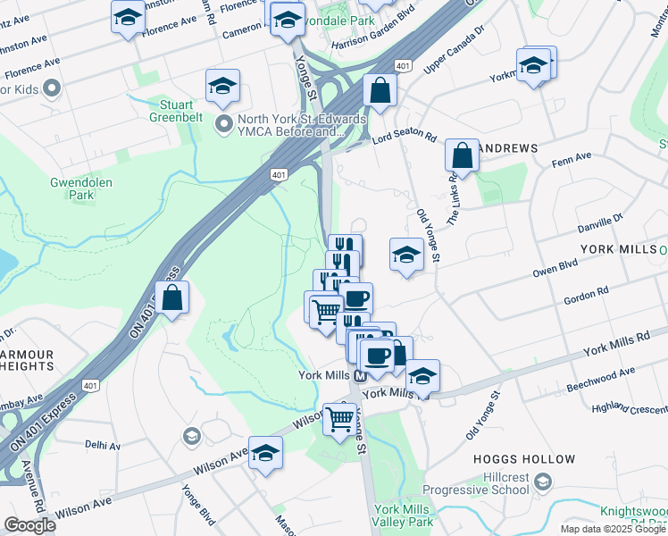 map of restaurants, bars, coffee shops, grocery stores, and more near Yonge Street in Toronto