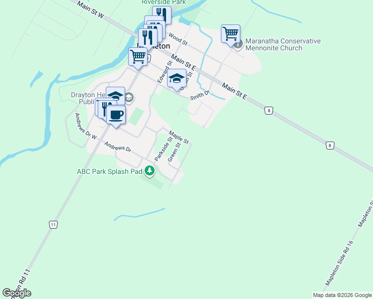 map of restaurants, bars, coffee shops, grocery stores, and more near 72 Maple Street in Wellington County