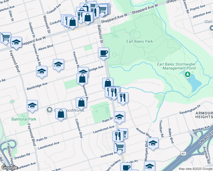 map of restaurants, bars, coffee shops, grocery stores, and more near in Toronto