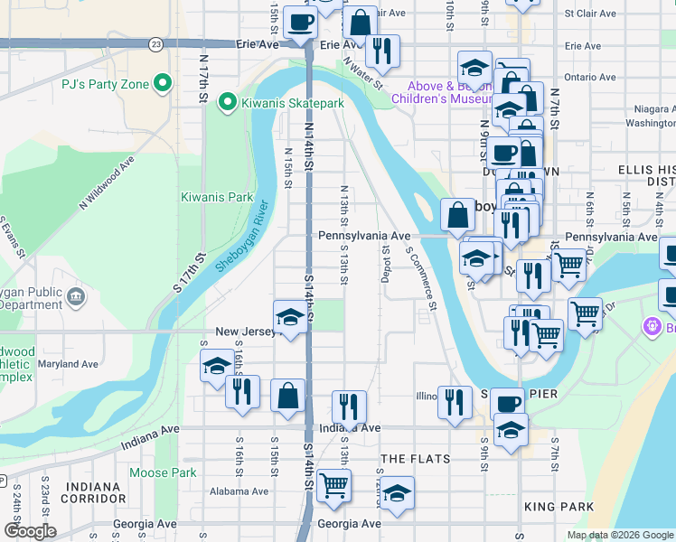 map of restaurants, bars, coffee shops, grocery stores, and more near 526 South 13th Street in Sheboygan