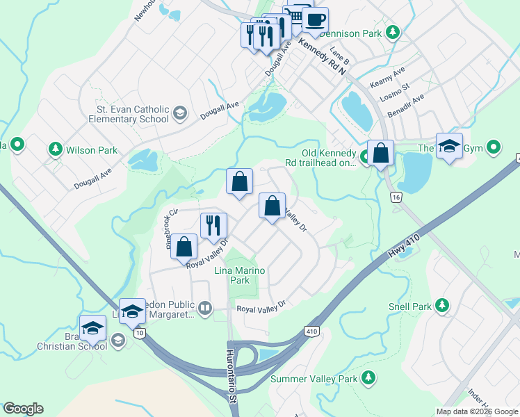 map of restaurants, bars, coffee shops, grocery stores, and more near 124 Royal Valley Drive in Regional Municipality of Peel