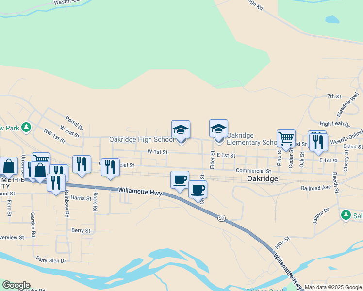 map of restaurants, bars, coffee shops, grocery stores, and more near 47997 West 1st Street in Oakridge