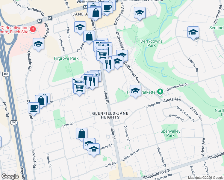 map of restaurants, bars, coffee shops, grocery stores, and more near 2775 Jane Street in Toronto