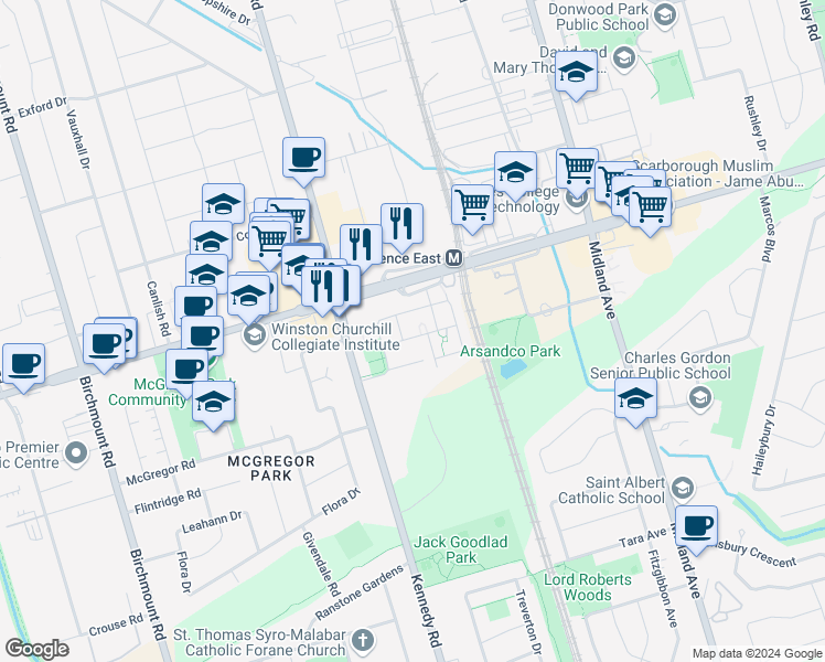 map of restaurants, bars, coffee shops, grocery stores, and more near 34 Kiriakou Street in Toronto