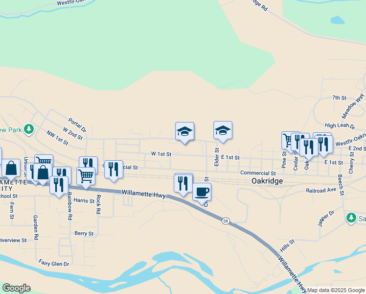 map of restaurants, bars, coffee shops, grocery stores, and more near 47997 West 1st Street in Oakridge