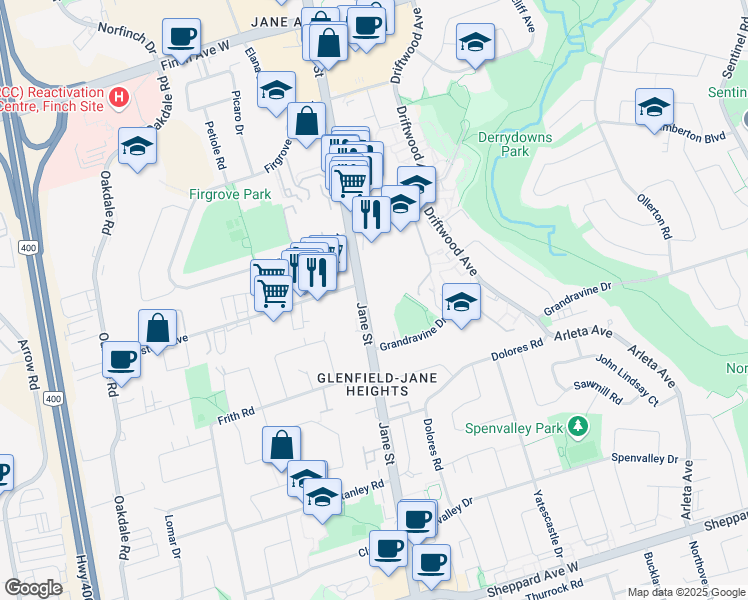 map of restaurants, bars, coffee shops, grocery stores, and more near 2775 Jane Street in Toronto