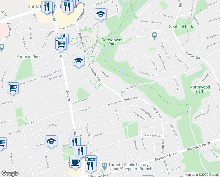 map of restaurants, bars, coffee shops, grocery stores, and more near 270 Grandravine Drive in Toronto