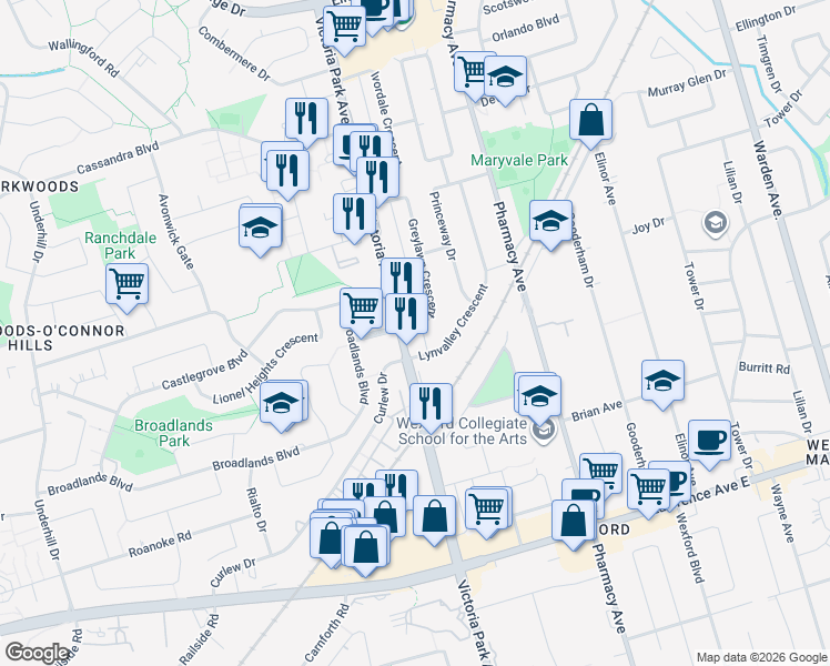 map of restaurants, bars, coffee shops, grocery stores, and more near in Toronto