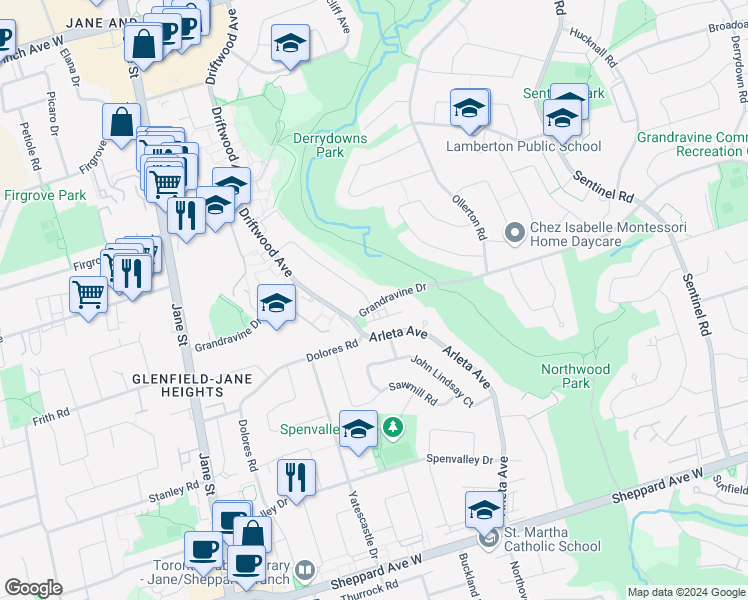 map of restaurants, bars, coffee shops, grocery stores, and more near 1 Futura Drive in Toronto