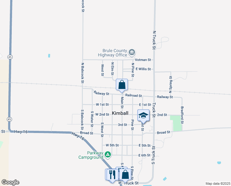 map of restaurants, bars, coffee shops, grocery stores, and more near 116 Railroad Street in Kimball