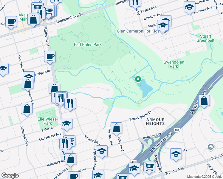 map of restaurants, bars, coffee shops, grocery stores, and more near 58 Timberlane Drive in Toronto