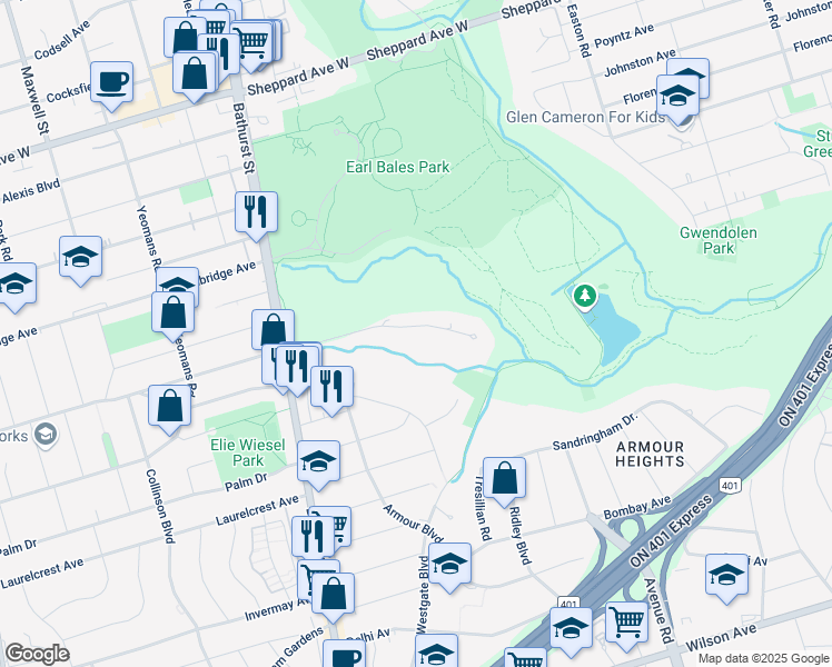 map of restaurants, bars, coffee shops, grocery stores, and more near 37 Timberlane Drive in Toronto