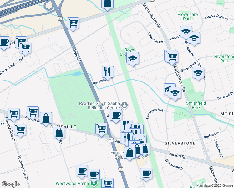 map of restaurants, bars, coffee shops, grocery stores, and more near 73 Baywood Road in Toronto