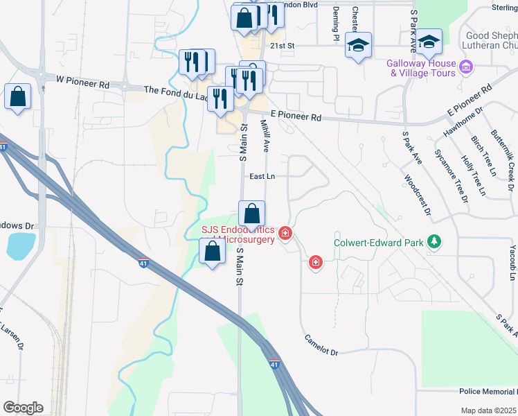 map of restaurants, bars, coffee shops, grocery stores, and more near 1084 Mihill Avenue in Fond du Lac