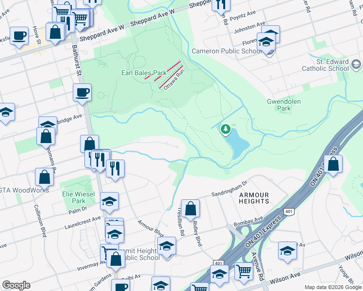 map of restaurants, bars, coffee shops, grocery stores, and more near in Toronto