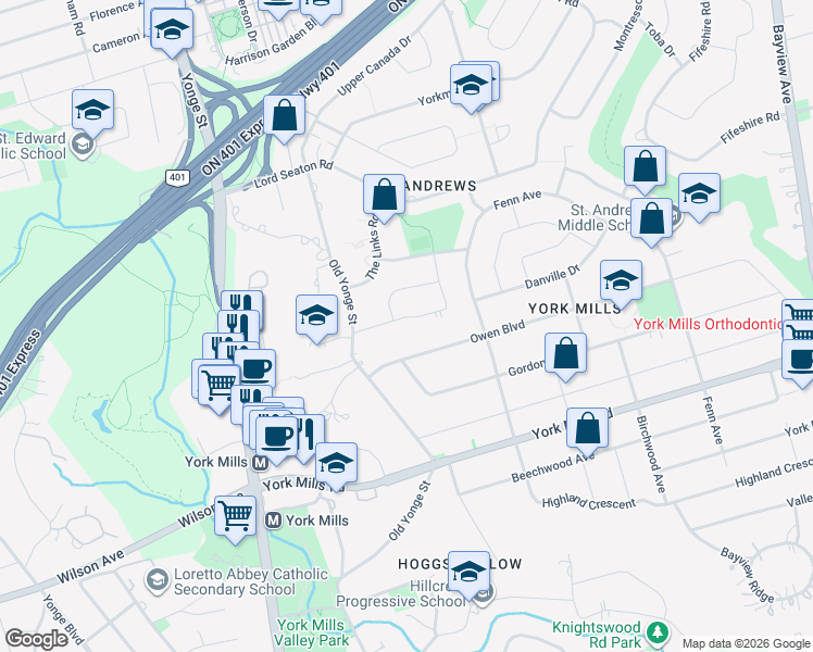 map of restaurants, bars, coffee shops, grocery stores, and more near 21 Lower Links Road in Toronto