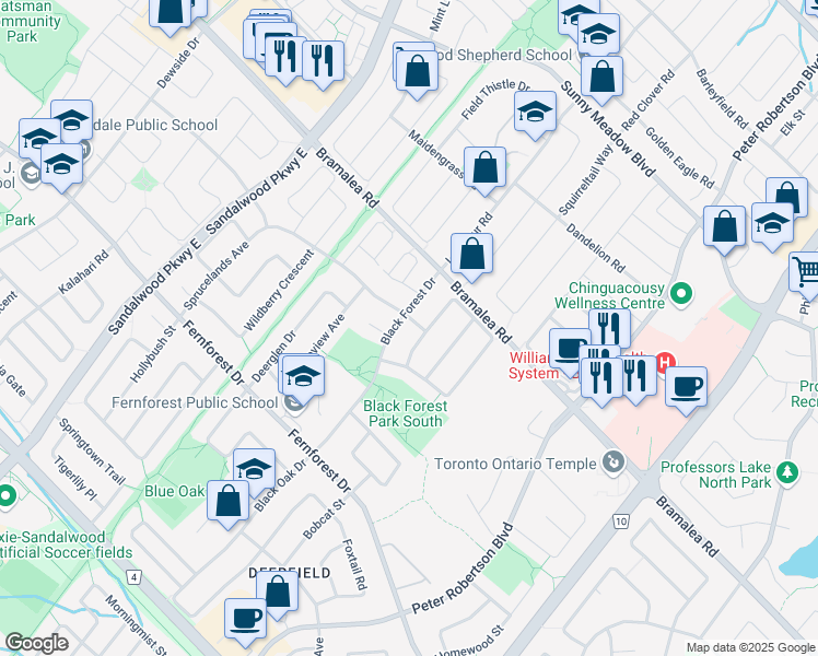 map of restaurants, bars, coffee shops, grocery stores, and more near 10 Winterberry Gate in Brampton
