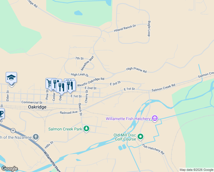 map of restaurants, bars, coffee shops, grocery stores, and more near 48471 East 2nd Street in Oakridge