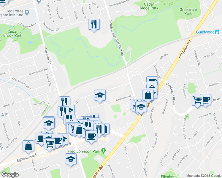 map of restaurants, bars, coffee shops, grocery stores, and more near 86 Dunelm Street in Toronto