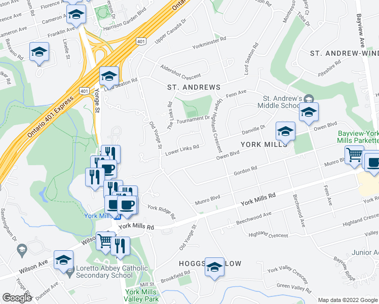 map of restaurants, bars, coffee shops, grocery stores, and more near 21 Lower Links Road in Toronto