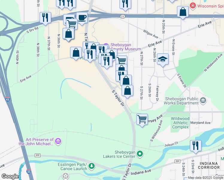 map of restaurants, bars, coffee shops, grocery stores, and more near 741 South Taylor Drive in Sheboygan