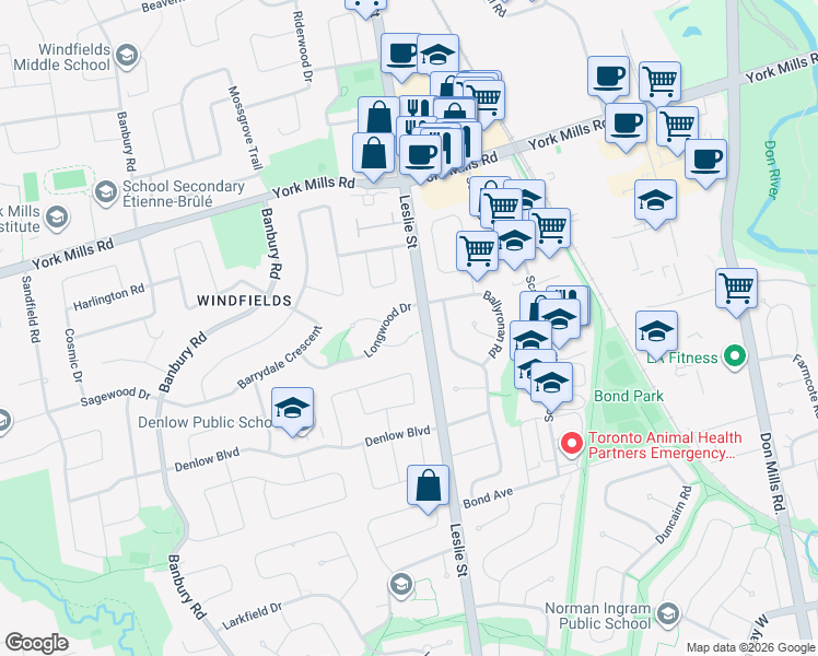 map of restaurants, bars, coffee shops, grocery stores, and more near in Toronto