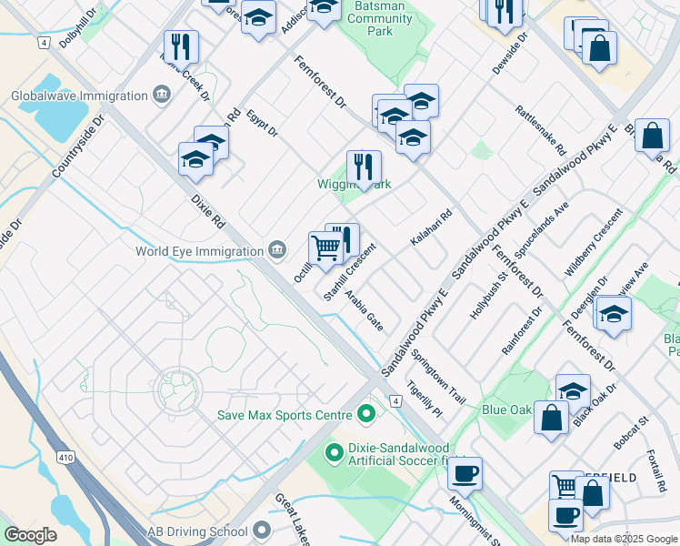 map of restaurants, bars, coffee shops, grocery stores, and more near in Brampton