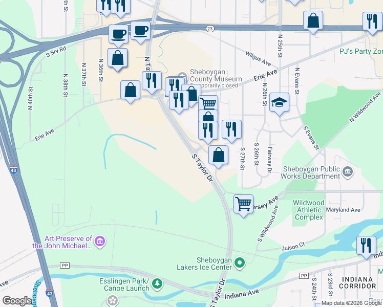 map of restaurants, bars, coffee shops, grocery stores, and more near 741 South Taylor Drive in Sheboygan