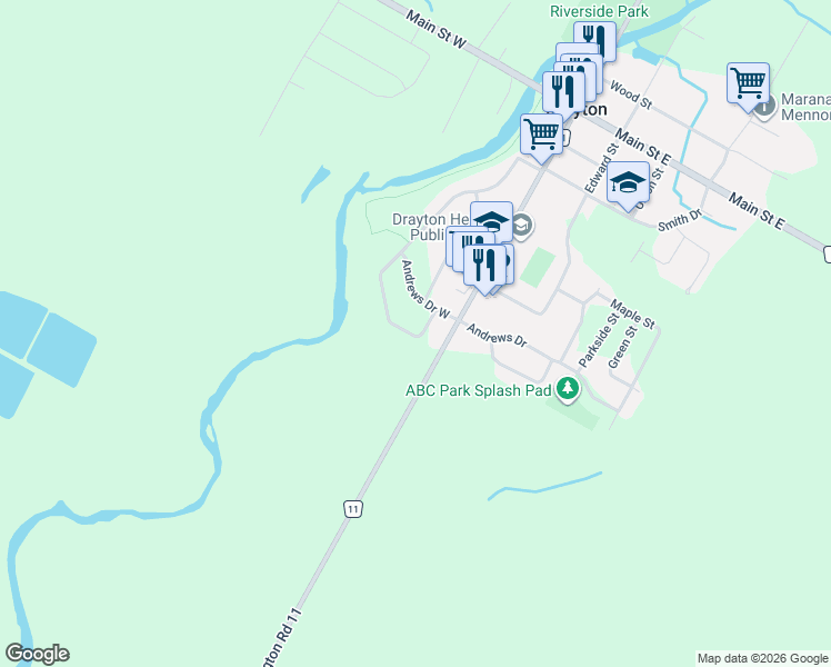 map of restaurants, bars, coffee shops, grocery stores, and more near 27 River Run Road in Drayton